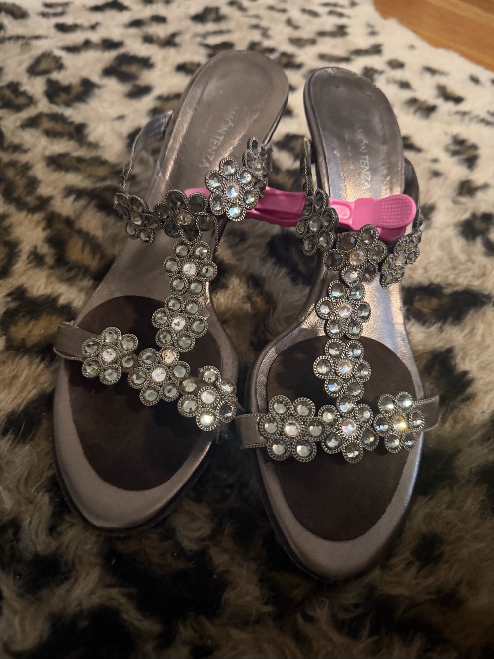 Ramon Tenza vintage 90s Silver Crystal Floral T-Strap Heels with Pink Accent